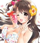  1girl ;d akina_tsukako bare_shoulders bikini blush breasts brown_eyes brown_hair cleavage collarbone cup drink drinking_glass drinking_straw floral_print flower frilled_bikini frills hair_flower hair_ornament heart heart_background hibiscus holding holding_cup idolmaster idolmaster_cinderella_girls idolmaster_cinderella_girls_starlight_stage long_hair looking_at_viewer medium_breasts one_eye_closed one_side_up open_mouth red_ribbon ribbon shimamura_uzuki smile solo swimsuit upper_body v wet white_background white_bikini 