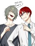  2boys blue_necktie clenched_teeth collared_shirt commentary_request copyright_name dress_shirt glasses grey_hair grey_shirt hagiwara_daisuke hair_over_one_eye hand_up hori-san_to_miyamura-kun hori_kyousuke index_finger_raised jewelry long_sleeves looking_at_another male_focus multiple_boys necktie open_mouth orange_eyes pointing pointing_at_another red_eyes red_hair ring sengoku_takeru shirt short_hair simple_background teeth upper_body upper_teeth_only white_background white_shirt 