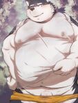 2023 absurd_res anthro belly big_belly blush canid canine canis clothing genitals hi_res i_0rai kemono male mammal moobs nipples outside overweight overweight_male penis plant shirt solo topwear tree underwear wolf 