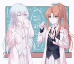  2girls blue_eyes chalkboard coat grey_eyes grey_hair high_ponytail highres lab_coat lilja_kurtbay long_hair makki_neverland multiple_girls one_eye_closed open_clothes open_coat orange_hair parted_bangs ramona_wolf sidelocks sleeves_past_fingers sleeves_past_wrists white_coat world_dai_star 