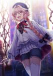  1boy arms_at_sides astolfo_(angel_breath)_(fate) astolfo_(fate) backlighting beret blue_headwear blue_shorts blush bow bowtie braid cloak commentary_request cowboy_shot fang fate/grand_order fate_(series) frilled_shirt_collar frills garter_straps hair_between_eyes hair_intakes hair_over_shoulder hat indoors ittokyu light_particles long_braid long_hair male_focus multicolored_hair official_alternate_costume open_mouth otoko_no_ko pink_hair purple_eyes red_bow red_bowtie shorts side_braid single_braid skin_fang stained_glass streaked_hair thighhighs white_cloak white_garter_straps white_hair white_thighhighs 