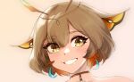  1girl antennae arthropod_girl commentary crescent crescent_earrings earrings english_commentary indie_virtual_youtuber jewelry looking_at_viewer moth_girl parted_lips portrait sanagi_yuzu short_hair smile solo teeth thernz virtual_youtuber yellow_eyes 