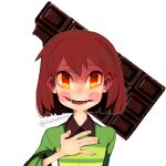  1other androgynous brown_eyes brown_hair candy chara_(undertale) chocolate chocolate_bar commentary_request food green_shirt kohakagutibi long_sleeves looking_at_viewer medium_bangs open_mouth other_focus shirt short_hair simple_background smile solo sparkling_eyes striped striped_shirt teeth undertale white_background 