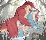  abs anal anal_penetration anthro back_muscles balls biceps big_butt blue_body blue_scales blush blush_lines bodily_fluids bottomwear bow_(weapon) butt claws clothing cum cum_in_ass cum_inside digital_media_(artwork) disiwjd doggystyle dominant dominant_male dragon drooling duo ejaculation from_behind_position gameplay_mechanics genital_fluids genitals gui health_bar hi_res holding_mouth horn level_difference level_number licking lizardman male male/male multicolored_body muscular muscular_anthro muscular_male muscular_thighs open_mouth partially_submerged penetration penis plant ranged_weapon red_body red_scales river rock saliva scales scalie scar sex size_difference standing standing_doggystyle standing_in_water standing_sex submissive submissive_male tail teeth tongue tongue_out tree triceps two_tone_body weapon wingless_dragon 