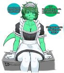  2023 alligator alligatorid anthro artist_name breasts cleavage clothed clothing crocodilian dialogue digital_drawing_(artwork) digital_media_(artwork) dress eyelashes female fingers freckles gloves green_body green_hair green_scales hair handwear hi_res i_wani_hug_that_gator legwear long_tail lorddrako14 maid_uniform offscreen_character olivia_(iwhtg) reptile scales scalie short_hair signature simple_background sitting snout solo spanish_text tail teal_eyes text thigh_highs translation_check translation_request uniform white_background yellow_sclera 