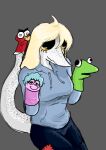  absurd_res anthro breasts clothing colored dinosaur female freckles hair hand_puppet hi_res hoodie judee long_tail patch_(fabric) patched_clothing reptile sakamtosng scalie simple_background snoot_game snout solo tail topwear white_hair yellow_sclera 