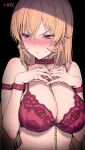  1girl arm_strap black_background blush bra breasts chain chain_leash cleavage closed_mouth collar haoni highres large_breasts leash light_brown_hair long_hair nakiri_erina purple_eyes recording red_bra red_collar shokugeki_no_souma simple_background solo tagme underwear upper_body 