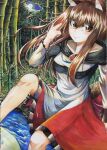  1girl 283win acrylic_paint_(medium) animal_ears bamboo bamboo_forest brown_eyes brown_hair closed_mouth dress forest imaizumi_kagerou looking_at_viewer nail_polish nature outdoors painting_(medium) red_dress shikishi smile solo tail touhou traditional_media two-tone_dress white_dress wolf_ears wolf_girl wolf_tail 