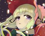  1girl alternate_eye_color blonde_hair blunt_bangs bonnet bow bowtie commentary_request dress green_bow green_bowtie long_hair looking_at_viewer medium_bangs mofu_(user_fvee3833) open_mouth purple_eyes red_dress red_headwear rozen_maiden shinku sidelocks solo twintails 