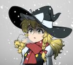  1girl black_headwear black_jacket blonde_hair bow braid breath giantcavemushroom hair_bow hat jacket kirisame_marisa large_hat long_hair long_sleeves red_bow red_scarf scarf shirt single_braid snowing solo touhou white_shirt witch_hat yellow_eyes 