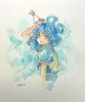  1girl arm_above_head blue_dress copyright_request dated dress frilled_sleeves frills hair_ornament hair_stick highres kaku_seiga looking_at_viewer medium_hair one-hour_drawing_challenge painting_(medium) shiroma_(mamiko) short_sleeves touhou traditional_media vest watercolor_(medium) white_background yellow_vest 