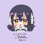 1girl bare_shoulders black_hair cthun_n elbow_gloves gloves headphones hood hoodie humboldt_penguin_(kemono_friends) kemono_friends kemono_friends_v_project looking_at_viewer microphone multicolored_hair open_mouth penguin_girl purple_background purple_hair short_hair simple_background solo translation_request two-tone_hair virtual_youtuber yellow_eyes zipper 