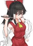  1girl absurdres arm_at_side armpit_peek ascot bare_shoulders black_hair blush bow breasts bright_pupils closed_mouth commentary_request cowboy_shot detached_sleeves frilled_bow frilled_hair_tubes frills from_above hair_between_eyes hair_bow hair_tubes hakurei_reimu hand_up highres holding holding_stick kuraki long_hair looking_at_viewer medium_breasts midriff_peek red_bow red_eyes red_skirt red_vest serious simple_background skirt skirt_set sleeves_past_elbows solo stick touhou v-shaped_eyebrows vest white_background wide_sleeves wing_collar yellow_ascot 