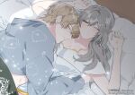  1boy 1girl blonde_hair blue_shirt blush bra closed_eyes closed_mouth cuddling dress gepard_landau grey_hair hetero honkai:_star_rail honkai_(series) long_hair long_sleeves on_bed one_eye_closed parted_lips pillow shirt short_hair stelle_(honkai:_star_rail) teeth trailblazer_(honkai:_star_rail) underwear white_dress yellow_bra yellow_eyes yoridazo 