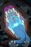 2:3 absurd_res blue_tongue bodily_fluids booshie digital_media_(artwork) dragon female glowing glowing_throat hi_res lipstick makeup mouth_shot open_mouth pink_lipstick prey_pov red_body reptile saliva scalie septora solo teeth tongue tongue_out uvula western_dragon 