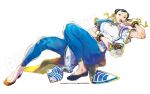  1girl black_hair blue_pants bracelet candy capcom chinese_clothes chun-li copyright double_bun eating flats food hair_bun hair_ribbon jewelry kinoko_no_yama lying official_art on_back pants pelvic_curtain ribbon simple_background solo street_fighter street_fighter_6 tamio tight_clothes tight_pants 