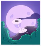  2023 absurd_res colored detailed_background dialogue english_text hi_res moon mountain night plant sky sluggabed speech_bubble text tree 