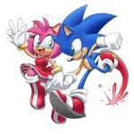  1boy 1girl absurdres adam_bryce_thomas amy_rose dress full_body furry furry_female furry_male gloves green_eyes highres holding_hands looking_at_another open_mouth red_dress red_footwear shoes simple_background sonic_(series) sonic_the_hedgehog white_background white_gloves 