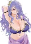  1girl absurdres arm_behind_head arm_up artist_name bikini breasts camilla_(fire_emblem) camilla_(summer)_(fire_emblem) cleavage collarbone fire_emblem fire_emblem_fates fire_emblem_heroes flower genm7 hair_flower hair_ornament hair_over_one_eye highres huge_breasts looking_at_viewer nail_polish navel o-ring o-ring_bikini official_alternate_costume pink_nails purple_bikini purple_eyes purple_hair purple_nails sarong see-through_sarong smile solo swimsuit teeth upper_body wavy_hair white_background 