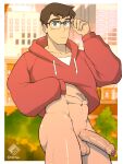  1boy abs absurdres black_hair blue_eyes blush bottomless clark_kent dc_comics erection glasses highres hood hood_down hoodie male_focus muscular muscular_male my_adventures_with_superman navel penis red_hoodie short_hair solo superman_(series) syaoran_(0027) testicles twitter_username 