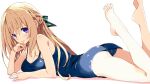  1girl blonde_hair blue_eyes blush breasts cleavage collarbone iwashi_dorobou_-r- large_breasts long_hair looking_at_viewer neptune_(series) one-piece_swimsuit school_swimsuit smile solo swimsuit vert_(neptune_series) very_long_hair 