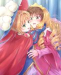  1boy 1girl blue_headwear blush brown_hair cape cardcaptor_sakura child couple dress green_eyes happy hug kinomoto_sakura li_xiaolang official_alternate_costume open_mouth pink_dress red_cape tsukisaka_iro twitter_username 