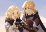  1boy 1girl blonde_hair blue_eyes blue_sky cloak cloud cloudy_sky commentary_request day green_hair gura_(zaxtusyku1111) highres link medium_hair outdoors pointy_ears princess_zelda sky smile the_legend_of_zelda the_legend_of_zelda:_breath_of_the_wild upper_body 