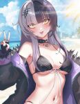  1girl beach bikini black_bikini black_gloves black_hair black_nails blunt_bangs blush breasts choker fingerless_gloves fur_trim gloves grey_hair hair_ornament highres hololive hololive_english jacket jewelry large_breasts long_hair looking_at_viewer multicolored_hair navel off_shoulder outdoors ring shiori_novella sk_jynx solo split-color_hair swimsuit tongue tongue_out two-tone_hair upper_body v virtual_youtuber white_hair yellow_eyes 