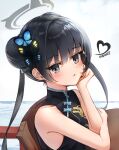  1girl arm_support black_hair blue_archive blunt_bangs blurry butterfly_hair_ornament chair commentary_request depth_of_field double_bun fence from_side grey_eyes hair_bun hair_ornament halo head_rest head_tilt highres kisaki_(blue_archive) long_hair long_sleeves looking_at_viewer ohbuya parted_lips sidelocks simple_background sleeveless solo table twintails 