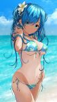  1girl aigami_shion beach bikini blue_bikini blue_eyes blue_hair blue_sky breasts cloud commentary_request covered_nipples day floral_print flower garter-velvet hair_flower hair_ornament hair_tucking hand_in_own_hair highres horizon long_hair looking_at_viewer medium_breasts navel ocean original outdoors print_bikini signature sky smile solo standing swimsuit tan tanlines underboob 