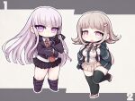  2girls backpack bag black_gloves black_ribbon blush braid breasts brown_hair collared_shirt crab_man danganronpa:_trigger_happy_havoc danganronpa_(series) danganronpa_2:_goodbye_despair flipped_hair full_body galaga gloves grey_hair hair_ornament hair_ribbon hood jacket kirigiri_kyoko large_breasts long_hair long_sleeves looking_at_viewer medium_hair multiple_girls nanami_chiaki neck_ribbon necktie open_clothes pink_eyes purple_eyes ribbon shirt side_braid skirt smile thighhighs white_shirt 