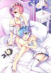  2girls absurdres alternate_costume bare_legs barefoot blouse blue_bra blue_hair bra breasts commentary_request embarrassed eyes_visible_through_hair feet foot_out_of_frame gyaza hair_ornament hair_over_one_eye hairband highres hugging_own_legs legs looking_at_viewer lying lying_on_lap medium_breasts multiple_girls no_shoes objectification on_side one_eye_closed open_clothes open_mouth open_shirt panties photoshop_(medium) pink_bra pink_eyes pink_hair pink_panties puffy_short_sleeves puffy_sleeves ram_(re:zero) re:zero_kara_hajimeru_isekai_seikatsu rem_(re:zero) shirt short_hair short_sleeves siblings sisters sitting small_breasts strap_slip thighhighs thighs toenails toes twins underwear white_shirt white_thighhighs x_hair_ornament 