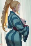  1girl ass beatrix_amerhauser blonde_hair blue_eyes breasts closed_mouth from_side half-closed_eyes high_ponytail highres indoors japanese_clothes kimono lady_shin large_breasts long_hair long_sleeves looking_at_viewer looking_to_the_side pasties patreon_username sideboob sidelocks solo wide_sleeves yukata zom_100:_zombie_ni_naru_made_ni_shitai_100_no_koto 