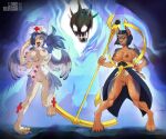  absurd_res anthro anubian_jackal avian bandage_over_eye big_breasts bird blue_fire blue_hair bone breasts canid canine canis clothed clothing colored_fire duo egyptian eliza_(skullgirls) feathered_wings feathers female fire front_view genitals hair hat headgear headwear hi_res human_to_anthro jackal lordburqan magic mammal nipples nurse nurse_clothing nurse_hat nurse_headwear partially_clothed pussy skimpy skull skull_heart skullgirls species_transformation staff standing transformation ussy valentine_(skullgirls) wings 