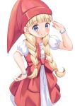  1girl absurdres blonde_hair blue_eyes blunt_bangs bracelet braid dragon_quest dragon_quest_xi dress hat highres jewelry kaede_(maple4rt) layered_dress long_hair looking_at_viewer puffy_short_sleeves puffy_sleeves red_dress red_headwear short_sleeves smile solo twin_braids veronica_(dq11) white_background white_dress 