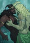  2boys abs achilles_(hades) bara beard blonde_hair butt_crack chest_jewel clothed_male_nude_male couple dark-skinned_male dark_skin facial_hair feet_out_of_frame from_side grabbing hades_(series) heads_together highres imminent_kiss interracial large_pectorals long_hair male_focus mature_male multiple_boys muscular muscular_male mustache nude patroclus_(hades) pectoral_grab pectorals spicynoon thick_eyebrows topless_male very_dark_skin yaoi 