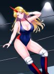  1girl blonde_hair blue_leotard boots breasts cleavage commission elbow_pads highres horns hoshiguma_yuugi knee_pads large_breasts leotard lights long_hair looking_at_viewer mattyakinako_(odango_imomushi) oni pixiv_commission pointy_ears red_eyes red_leotard single_horn smile stage_lights touhou wrestling_boots wrestling_outfit wrestling_ring 