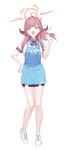  1girl :d absurdres apron aru_(blue_archive) blue_apron blue_archive employee_uniform full_body gloves halo hand_on_own_hip highres horns looking_at_viewer medium_hair orange_halo red_hair shirt shoes short_sleeves smile solo uniform urrrt white_footwear white_gloves white_shirt yellow_eyes 