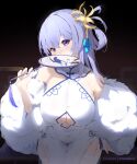  1girl azur_lane bare_shoulders blush breasts china_dress chinese_clothes cleavage clothing_cutout covered_navel covering_mouth dress garter_straps hair_ornament hand_fan head_tilt highres holding holding_fan huge_breasts leaning_forward light_purple_hair long_hair looking_at_viewer official_alternate_costume paper_fan purple_eyes rodney_(azur_lane) rodney_(immaculate_beauty)_(azur_lane) solo sonaworld thighhighs thighs underboob_cutout very_long_hair white_thighhighs 