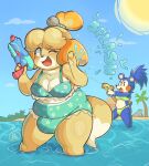  2023 accessory animal_crossing anthro bell big_bulge blonde_hair blue_body blue_clothing blue_fur blue_hair blue_swimwear breasts building bulge canid canine canis cheek_spots cleavage clothed clothing crossgender detailed_background dipstick_tail domestic_dog duo eulipotyphlan eyebrow_through_hair eyebrows floppy_ears floral_print ftg_crossgender fti_crossgender fur green_clothing green_swimwear gynomorph hair hair_accessory hair_tie hedgehog hi_res house intersex isabelle_(animal_crossing) lilbunpinky mabel_able mammal markings navel neck_tuft nintendo one_eye_closed open_mouth overweight overweight_gynomorph overweight_intersex palm_tree partially_submerged plant ponytail round_ears shih_tzu signature slightly_chubby sound_effects standing swimwear tail tail_markings tongue toy toy_dog toy_gun translucent translucent_hair tree tuft water_gun white_body white_fur yellow_body yellow_fur 