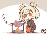  1girl akanotanin13 animal_ears arknights bear_ears blonde_hair boned_meat chair chibi coat fire folding_chair food gummy_(arknights) meat monster_hunter_(series) orange_eyes roasting sitting 