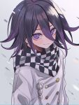  1boy absurdres black_scarf blush buttons chain checkered_clothes checkered_scarf closed_mouth danganronpa_(series) danganronpa_v3:_killing_harmony double-breasted gradient_background gradient_hair grey_background hair_between_eyes highres jacket long_bangs looking_at_viewer male_focus multicolored_hair oma_kokichi purple_eyes purple_hair sanpaku scarf solo two-tone_scarf upper_body urami0310 white_background white_jacket white_scarf 