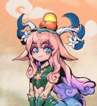  1girl animal_ears antlers bare_shoulders blonde_hair blue_eyes breasts centaur closed_mouth cloud colored_skin flower hair_between_eyes hair_ornament horse_ears horse_girl league_of_legends lillia_(league_of_legends) long_hair looking_up multicolored_hair orange_background phantom_ix_row pink_hair shan_hai_scrolls_lillia smile solo taur two-tone_hair white_flower 