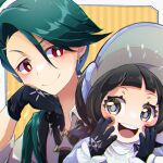  2girls :d black_eyes black_gloves black_hair closed_mouth earrings gloves green_hair highres jewelry long_hair looking_at_another multiple_girls open_mouth pokemon pokemon_(game) pokemon_sv poppy_(pokemon) red_eyes rika_(pokemon) smile stray0641071225 teeth upper_body upper_teeth_only 