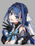  1girl :d black_gloves blue_bow blue_bowtie blue_eyes blue_hair bow bow_earrings bowtie breasts brooch chain cleavage cleavage_cutout clothing_cutout commentary_request earrings fangs gloves hair_intakes hair_ornament head_chain highres hololive hololive_english jewelry large_breasts looking_at_viewer medium_hair ouro_kronii ouro_kronii_(1st_costume) smile solo v virtual_youtuber wada_arco 