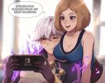 1boy 1girl blue_eyes blush breast_rest breasts brown_hair cleavage collarbone english_text evomanaphy fire_emblem fire_emblem_awakening fire_emblem_heroes freckles grey_hair grima_(fire_emblem) handheld_game_console highres holding holding_handheld_game_console kiran_(female)_(fire_emblem) kiran_(fire_emblem) large_breasts nintendo_switch open_mouth red_eyes short_hair smile speech_bubble 