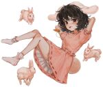  1girl :p animal_ears arms_behind_head b_nosk101 bare_legs black_hair bloomers blush bobby_socks carrot_necklace dress flat_chest floppy_ears inaba_tewi jewelry looking_at_viewer messy_hair necklace petite pink_dress puffy_short_sleeves puffy_sleeves rabbit rabbit_ears rabbit_tail red_eyes short_hair short_sleeves simple_background socks solo tail tongue tongue_out touhou white_background 