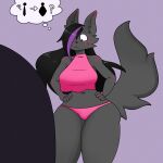  anthro big_breasts big_tail black_hair blush bodily_fluids breasts cheek_tuft clothing domestic_cat facial_tuft felid feline felis female hair hair_over_eye hand_on_hip hi_res highlights_(coloring) long_hair looking_at_mirror looking_at_object mammal mirror navel one_eye_obstructed panties pink_clothing pink_panties pink_topwear pink_underwear purple_background purple_highlights question_mark red_eyes simple_background small_waist solo squuishyboi sweat sweatdrop tail thick_thighs thought_bubble topwear tuft underwear wide_hips 