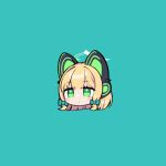  1girl animal_ear_headphones animal_ears blonde_hair blue_archive blue_background blue_bow blush bow closed_mouth commentary_request fake_animal_ears green_eyes hair_bow halo head_only headphones midori_(blue_archive) saebashi simple_background solo 
