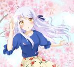  1girl :o amanatsu_(moooomrrrun1) blue_shirt blue_sky blush cherry_blossoms eve_santaclaus falling_petals flower grey_hair hair_ribbon highres idolmaster idolmaster_cinderella_girls long_hair petals ribbon shirt short_sleeves skirt sky solo sun upper_body yellow_eyes 